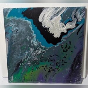 Abstract Fluid Pour Painting 10 X 10 Canvas Home Decor Art Purple Black Silver
